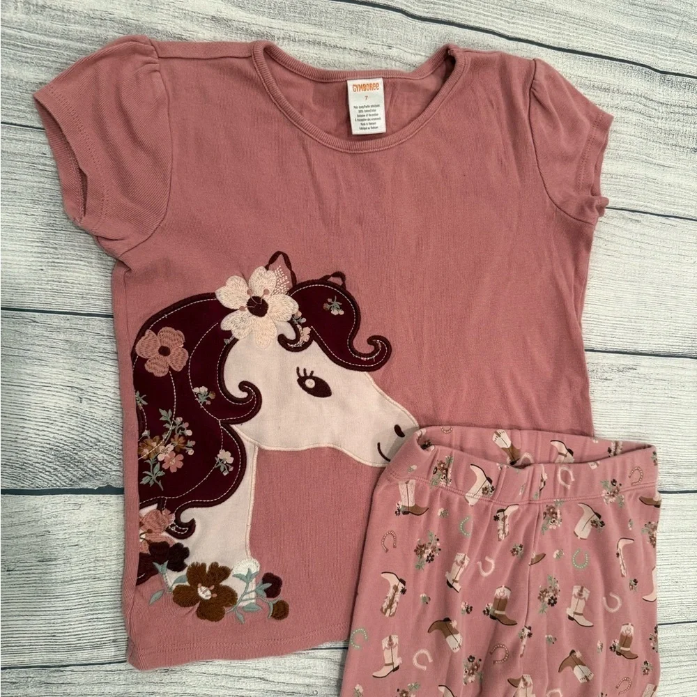 Gymboree Pink Pajama Set with Ruffled Top and Floral Bottoms/girls size 7